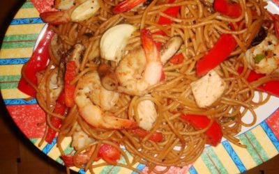 Ginger Chicken & Shrimp Stir-Fry With Sesame Noodles