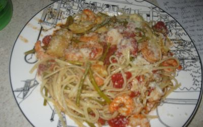 Shrimp With Pasta, Asparagus, Artichoke & Diced Tomatoes